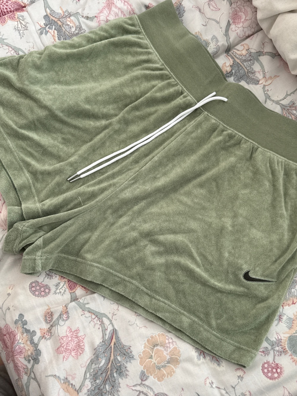 Nike womens Olive Terry Shorts with White Drawstring